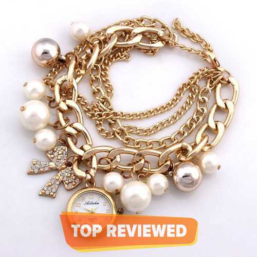 Golden Watch Pearls Bracelet Watch