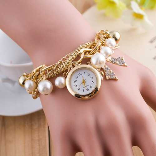 Golden Watch Pearls Bracelet Watch