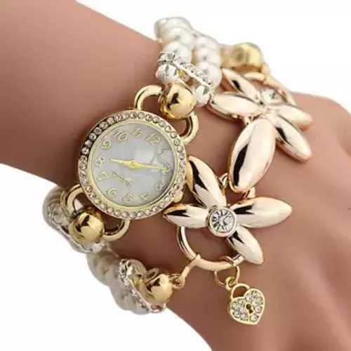 Golden Watch Pearls Bracelet Watch