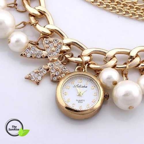 Golden Watch Pearls Bracelet Watch